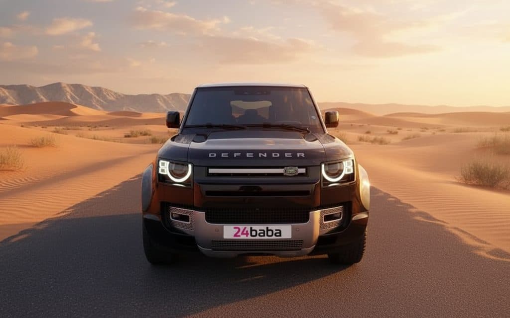 LandRover Defender 2023 Black front view with headlights