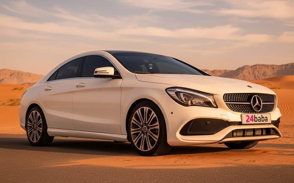 Mercedes Cla250 2025 White front view with headlights – rental in Dubai