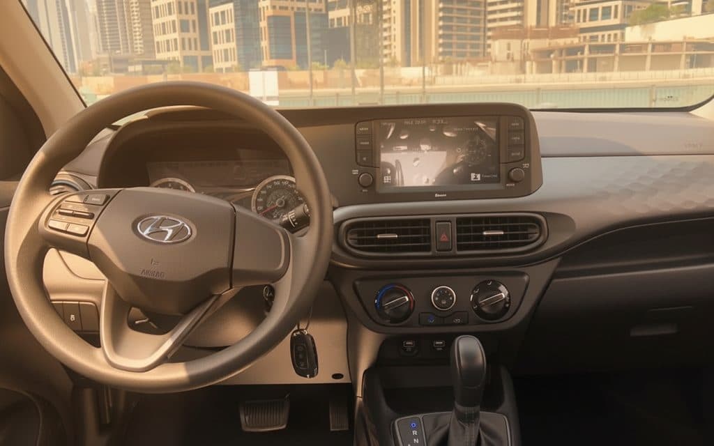 Hyundai GrandI10 2023 interior view showing trim – rental in Dubai Hyundai GrandI10 2023 interior view showing trim – rental in Dubai