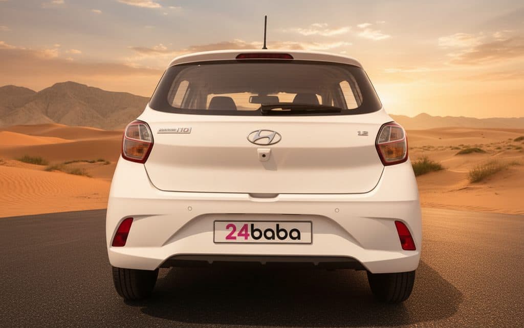 Hyundai GrandI10 2023 White rear view showing taillights – rental in Dubai Hyundai GrandI10 2023 White rear view showing taillights – rental in Dubai