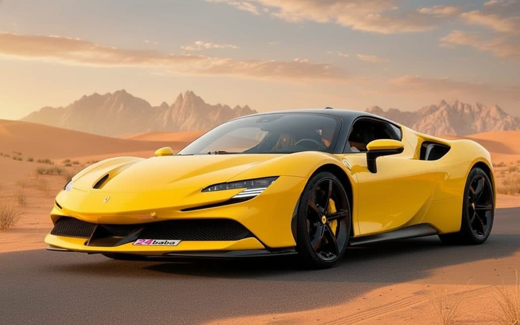Ferrari Sf 90 2021 Yellow front view with headlights – rental in Dubai Ferrari Sf 90 2021 Yellow front view with headlights – rental in Dubai