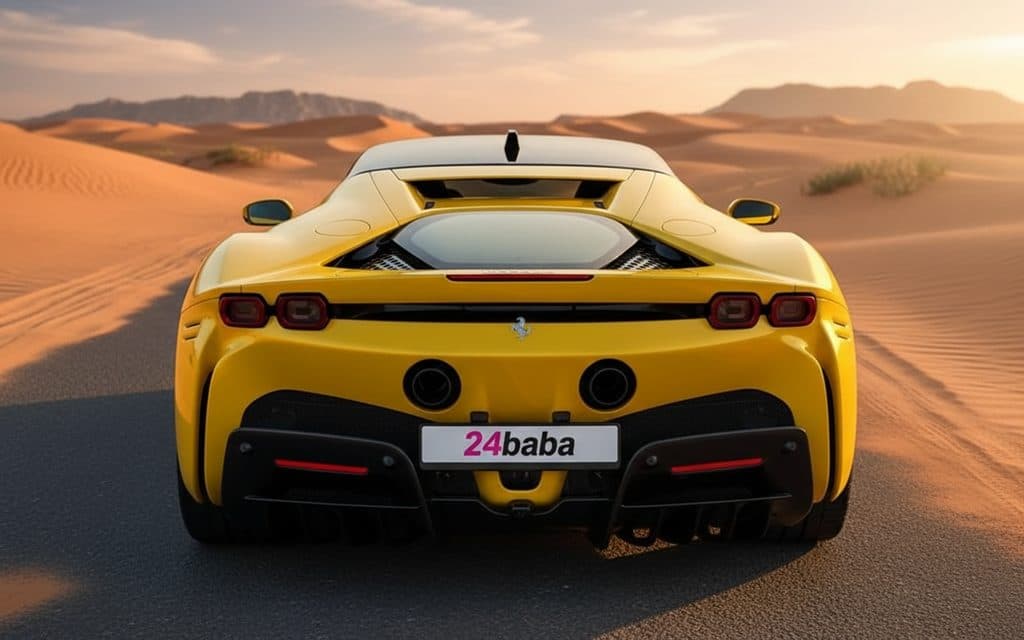 Ferrari Sf 90 2021 Yellow rear view showing taillights – rental in Dubai Ferrari Sf 90 2021 Yellow rear view showing taillights – rental in Dubai