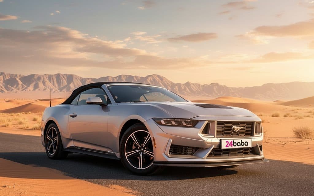 Ford Mustang 2024 Silver front view with headlights – rental in Dubai Ford Mustang 2024 Silver front view with headlights – rental in Dubai