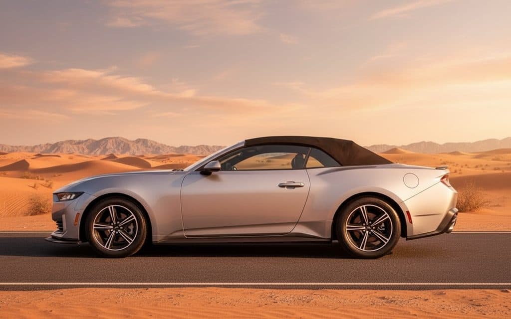 Ford Mustang 2024 Silver side profile – rental in Dubai Ford Mustang 2024 Silver side profile – rental in Dubai