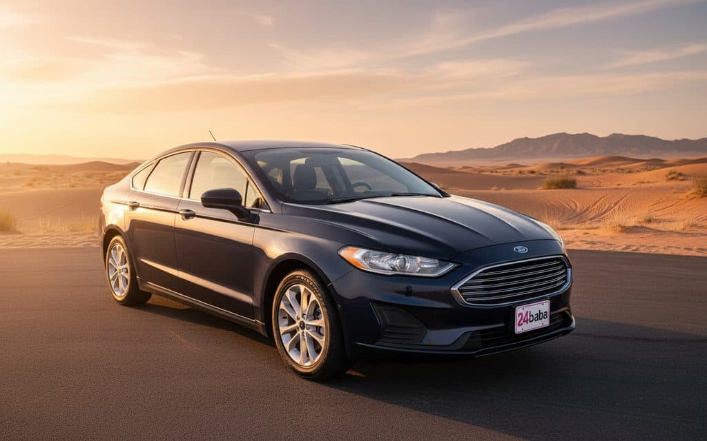 Ford Fusion 2020 Blue front view with headlights – rental in Dubai Ford Fusion 2020 Blue front view with headlights – rental in Dubai