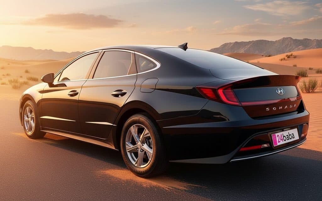 Hyundai Sonata 2022 Black rear view showing taillights – rental in Dubai Hyundai Sonata 2022 Black rear view showing taillights – rental in Dubai