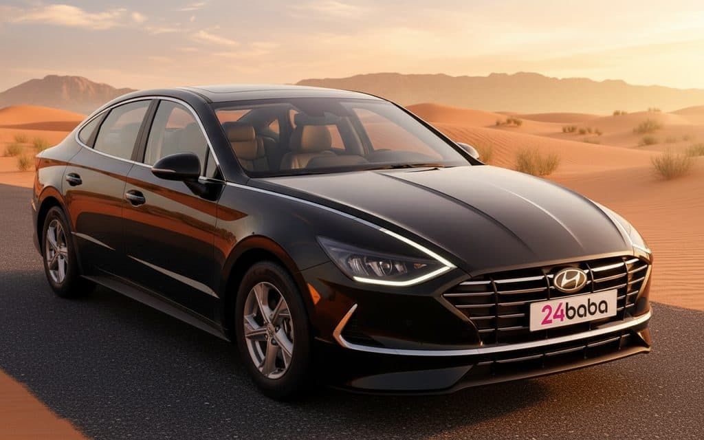 Hyundai Sonata 2022 Black front view with headlights – rental in Dubai Hyundai Sonata 2022 Black front view with headlights – rental in Dubai