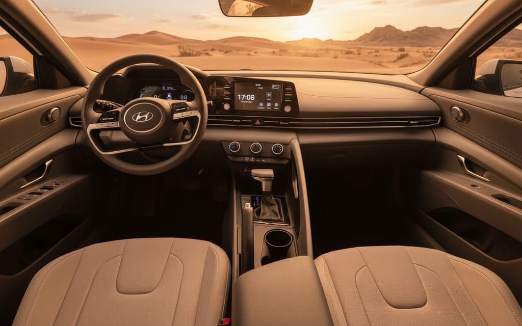 Hyundai Elantra 2024 interior view showing trim – rental in Dubai Hyundai Elantra 2024 interior view showing trim – rental in Dubai