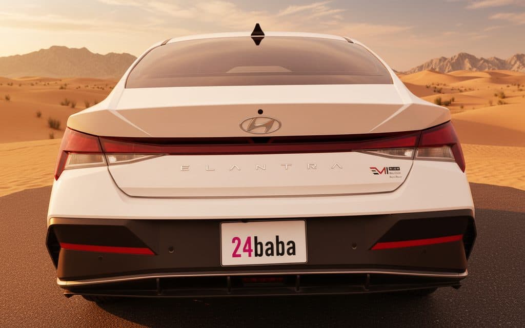 Hyundai Elantra 2024 White rear view showing taillights – rental in Dubai Hyundai Elantra 2024 White rear view showing taillights – rental in Dubai