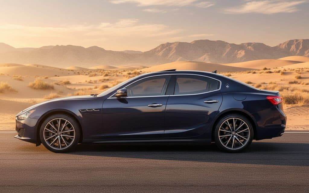 Maserati Ghibli 2020 Blue side profile – rental in Dubai