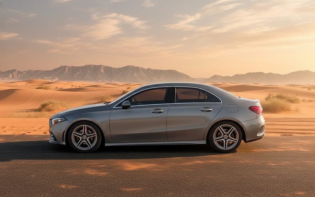 Mercedes A200 2025 Grey side profile – rental in Dubai