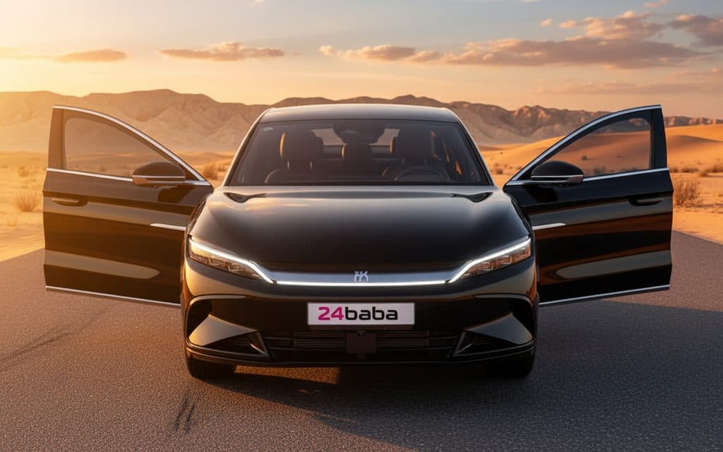 Byd Han 2024 Black front view with headlights – rental in Dubai