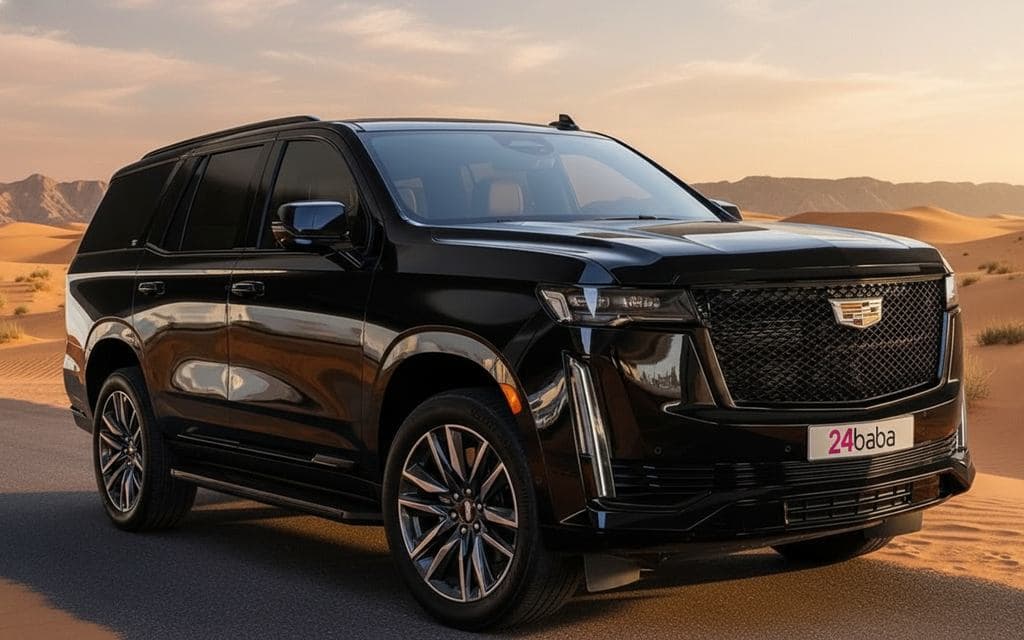 Cadillac Escalade 2022 Black front view with headlights - rental in Dubai