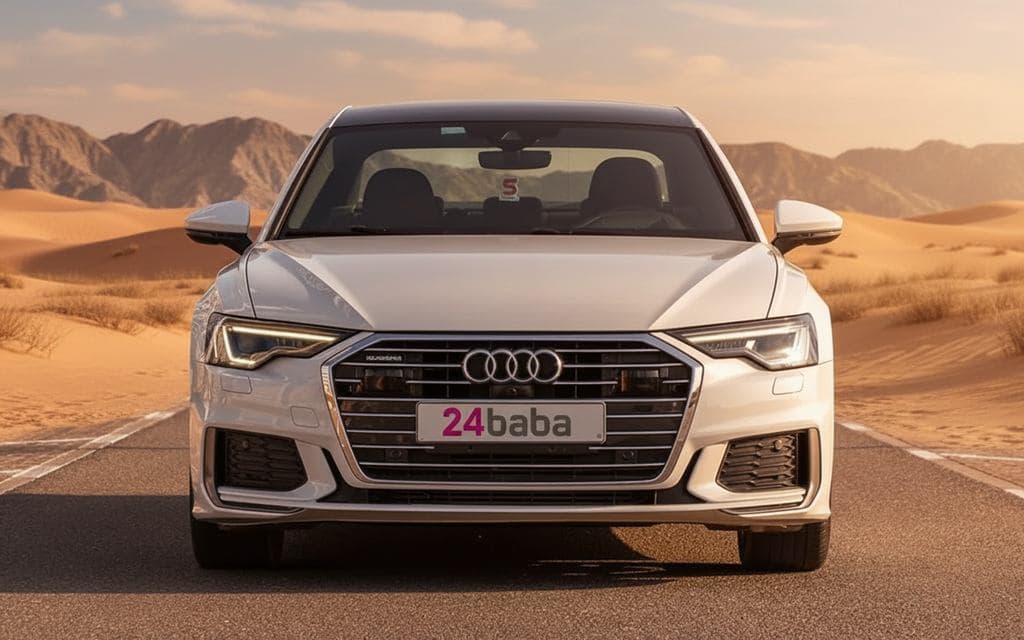 Audi A6 2021 White front view with headlights – rental in Dubai