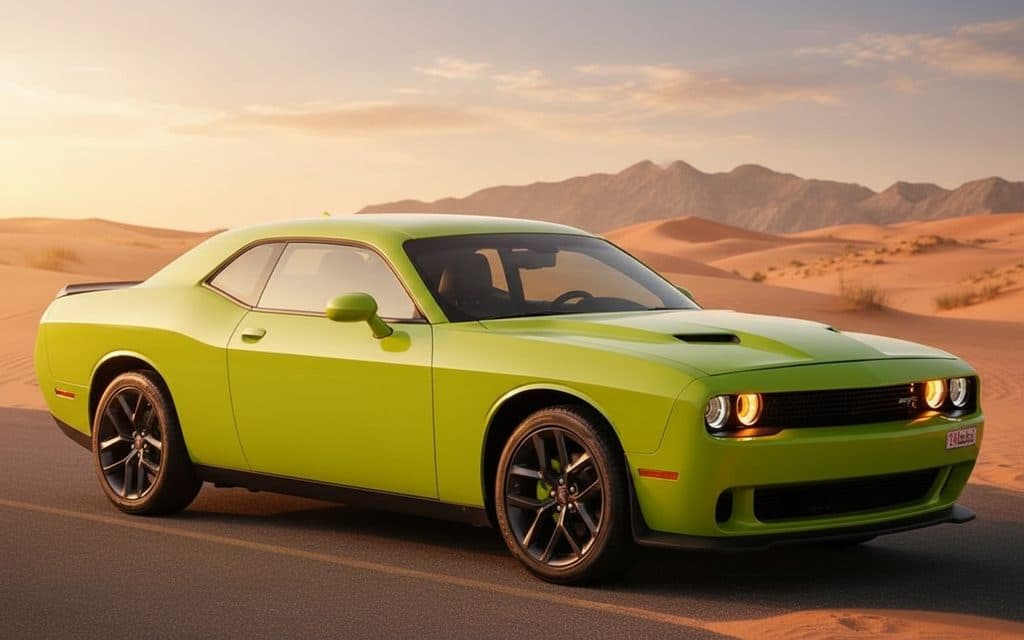 Dodge Challenger 2025 Green front view with headlights