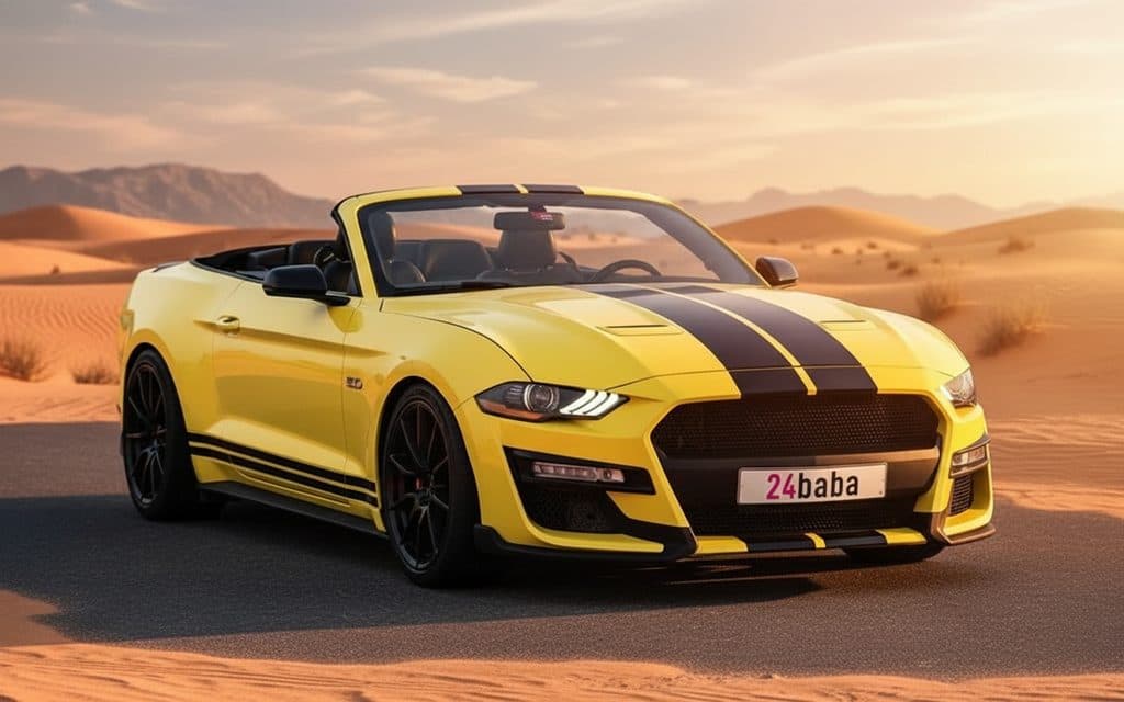 Ford Mustang 2020 Yellow front view with headlights – rental in Dubai