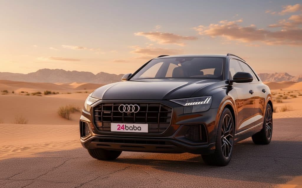 Audi Q8 2020 Black front view with headlights