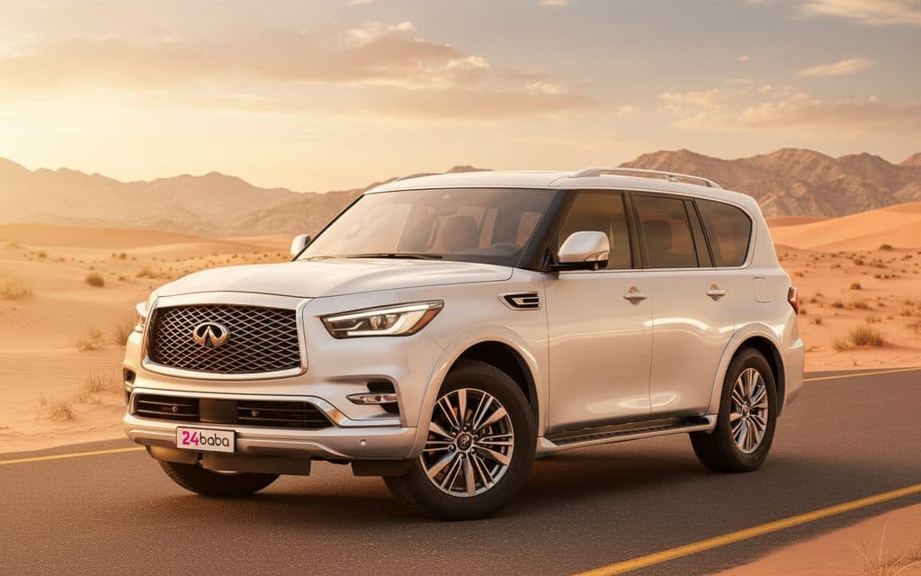 Infiniti Qx80 2021 Silver front view with headlights