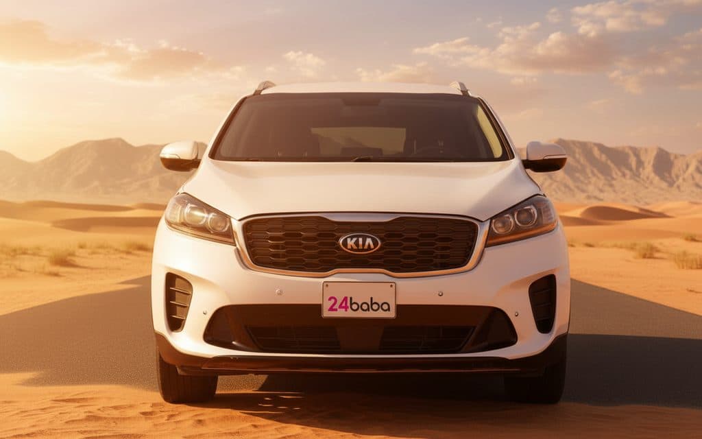 Kia Sorento 2022 White front view with headlights – rental in Dubai