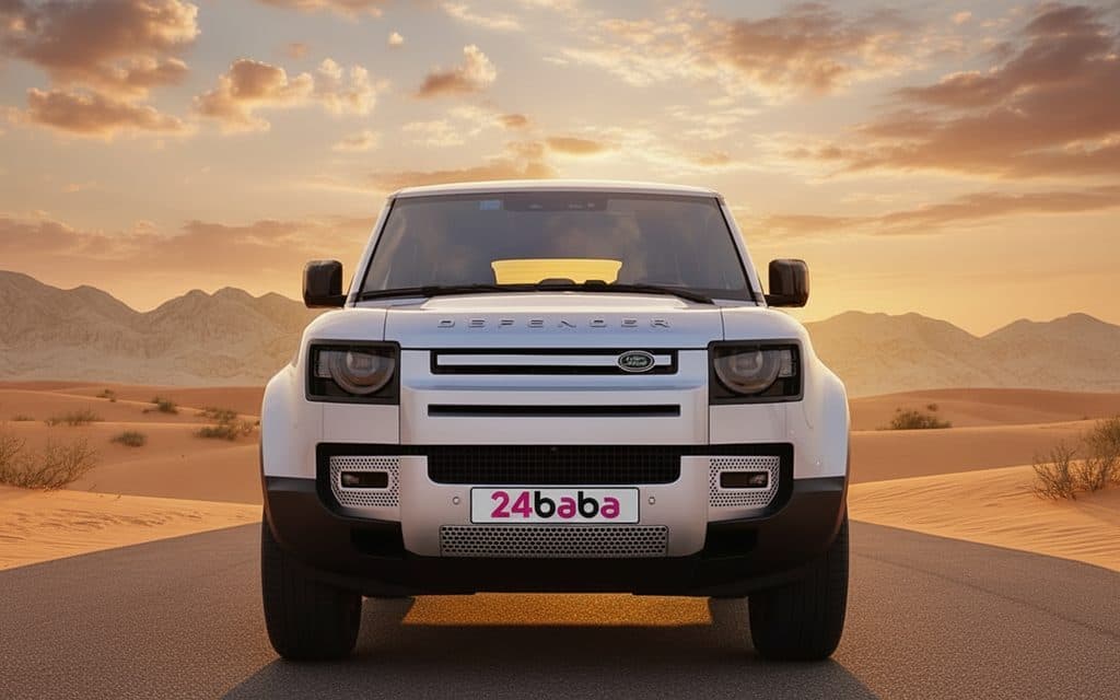 LandRover Defender 2024 Silver front view with headlights