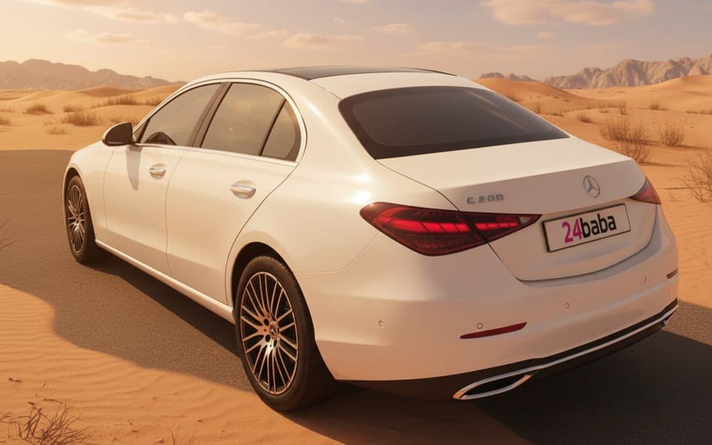 Mercedes C200 2023 White rear view showing taillights