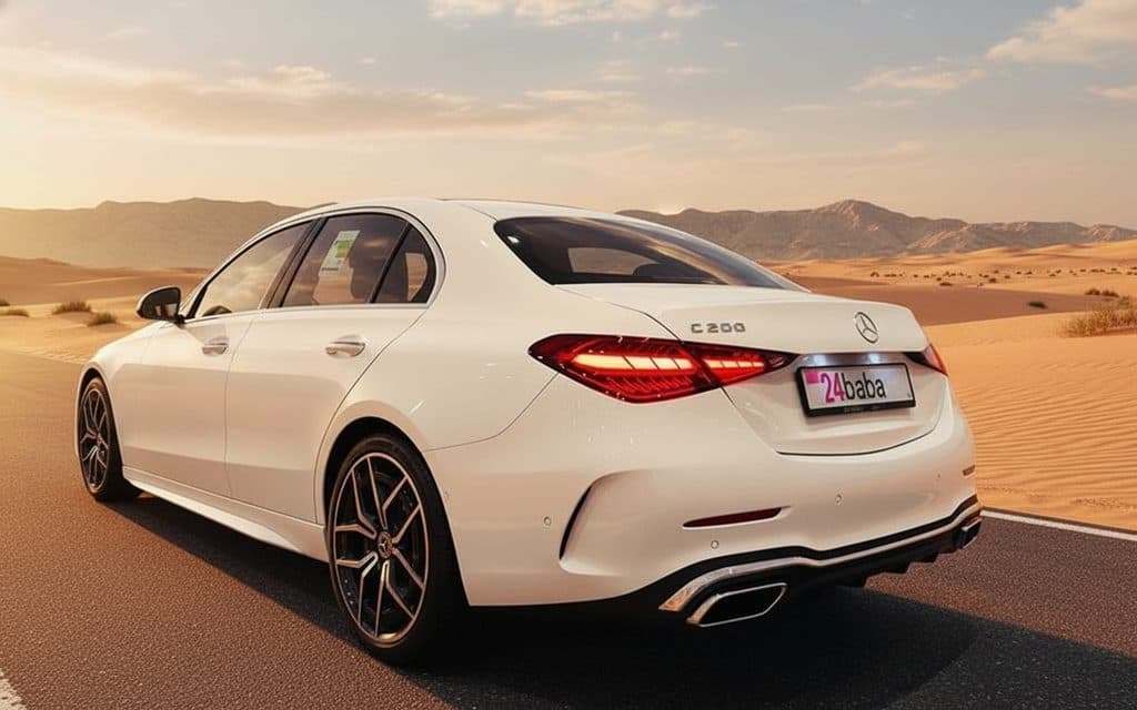 Mercedes C200 2024 White rear view showing taillights