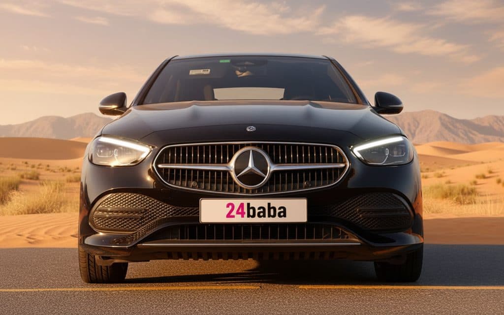 Mercedes C300 2022 Black front view with headlights