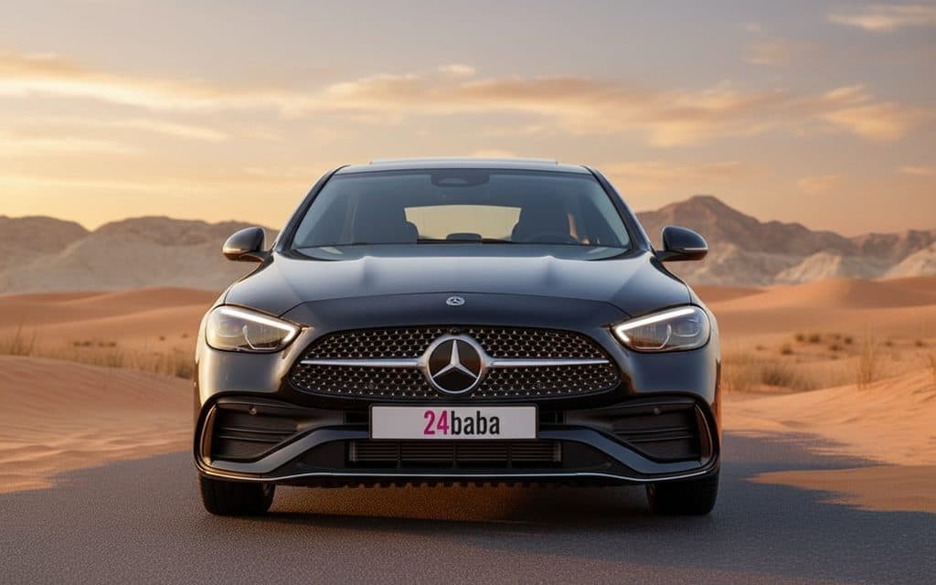 Mercedes C300 2023 Black front view with headlights