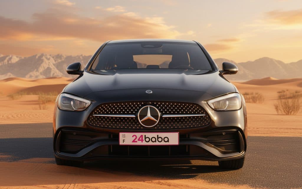 Mercedes C300 2024 Black front view with headlights