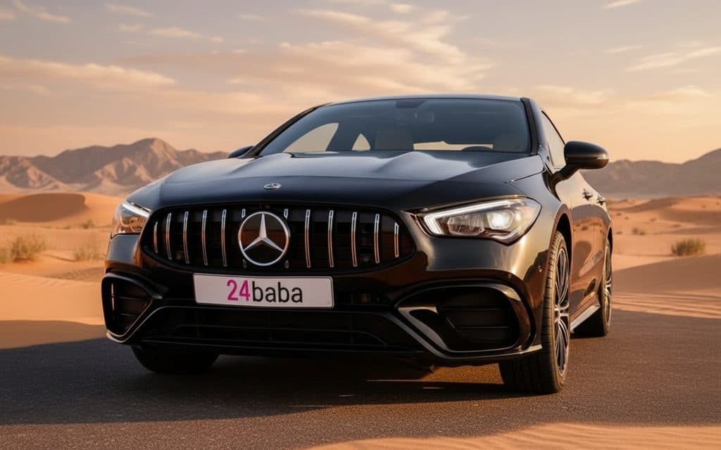 Mercedes Cla250 2023 Black front view with headlights – rental in Dubai