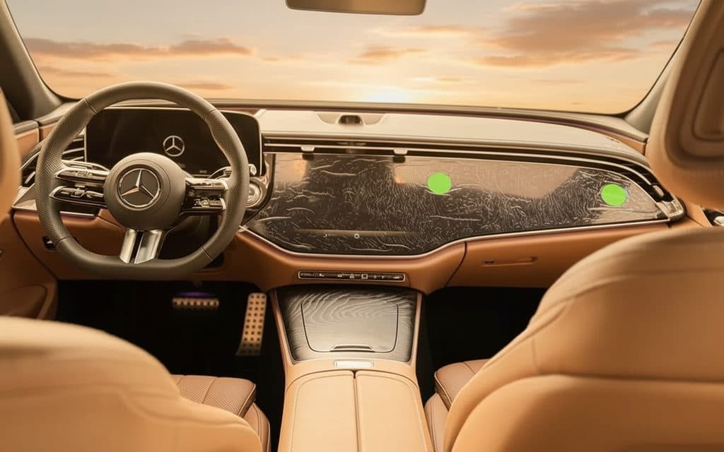 Mercedes E200 2025 interior view showing trim – rental in Dubai