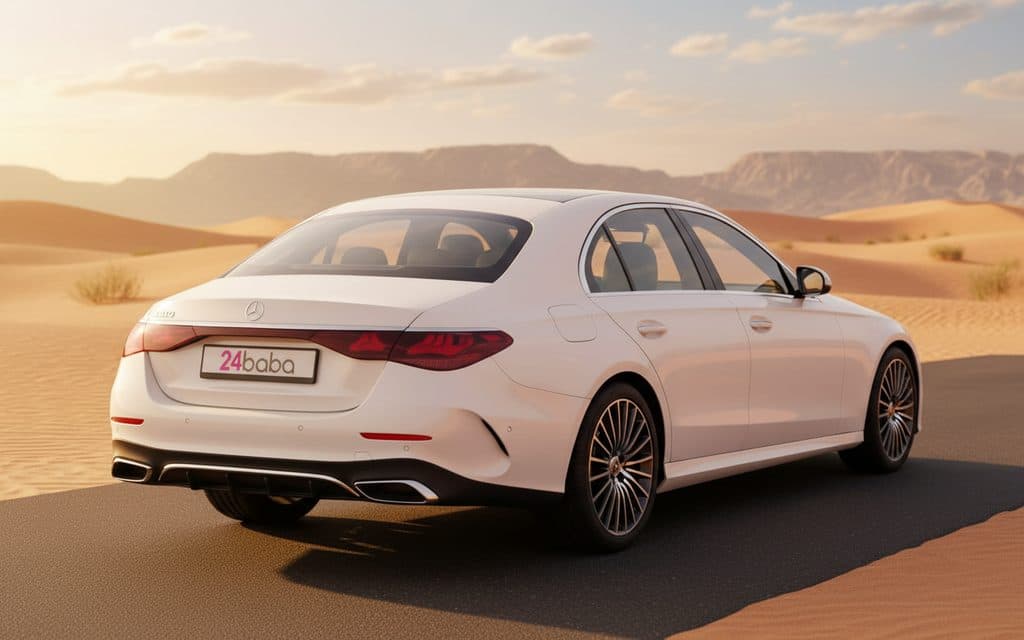 Mercedes E200 2025 White rear view showing taillights – rental in Dubai