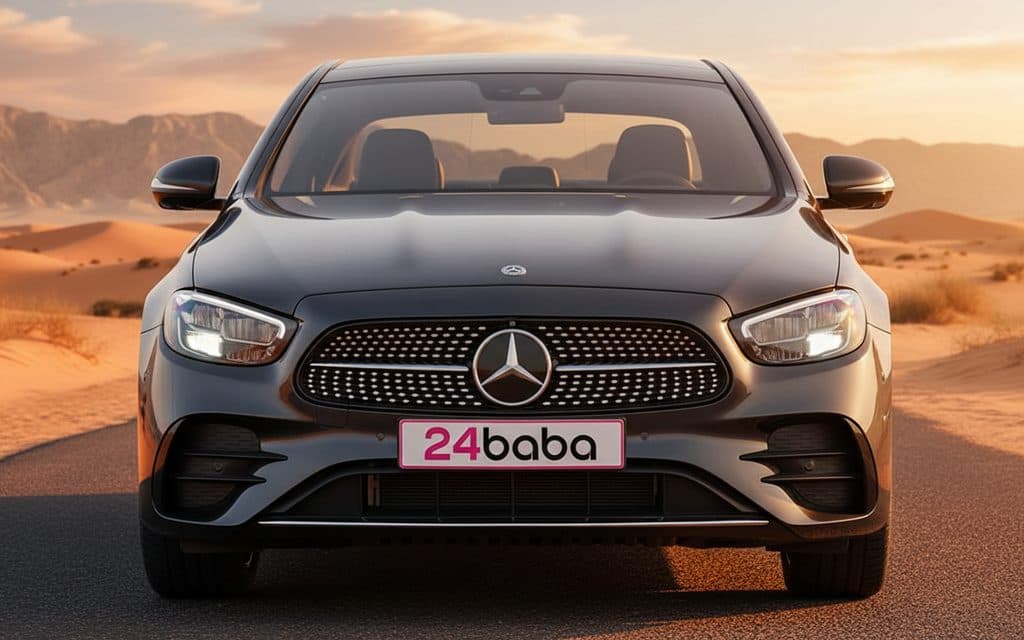 Mercedes E350 2023 Black front view with headlights