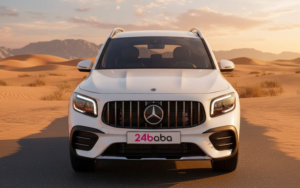 Mercedes Glb250 2021 White front view with headlights – rental in Dubai