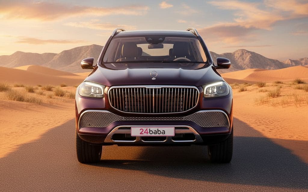 Mercedes Gls600 2022 Black front view with headlights rental in Dubai