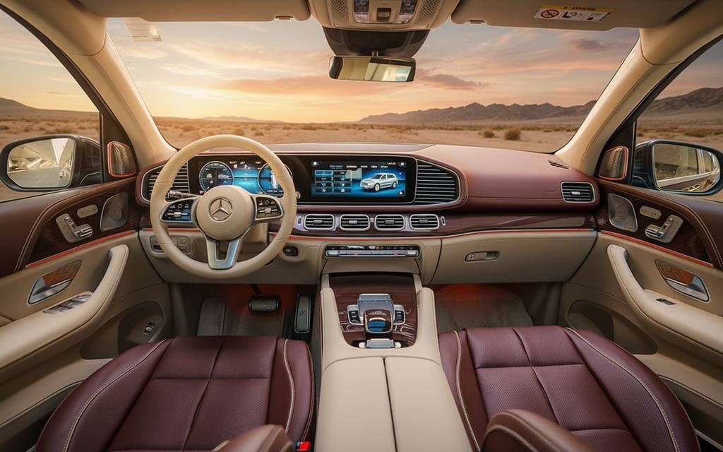 Mercedes Gls600 2022 interior view showing trim rental in Dubai