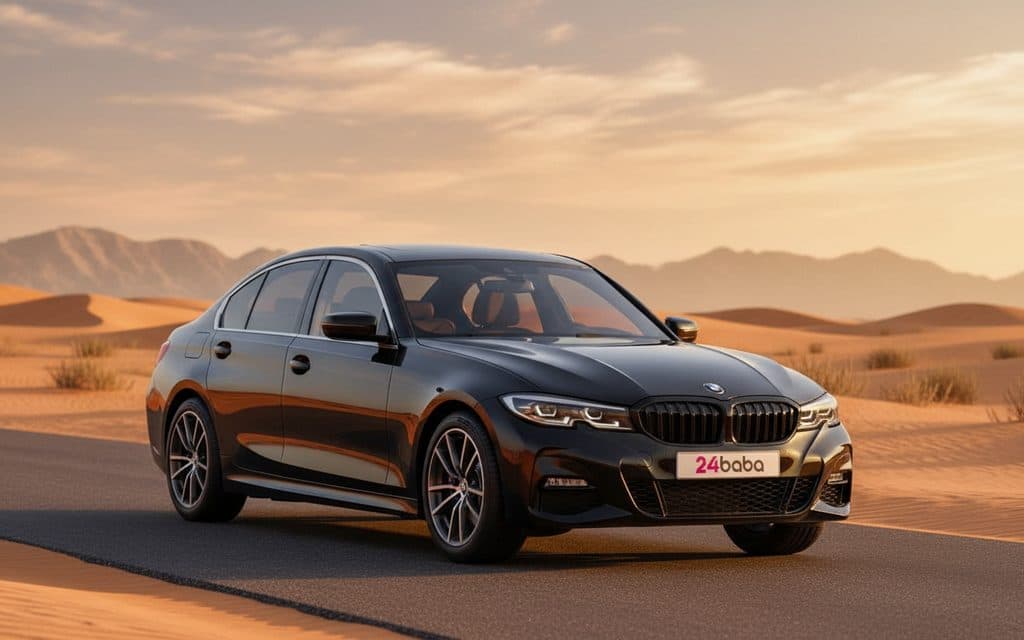 Bmw 330 2021 Black front view with headlights