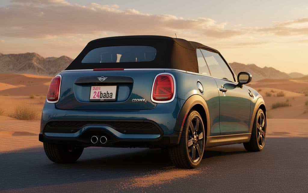 Mini Cooper 2025 Blue rear view showing taillights – rental in Dubai