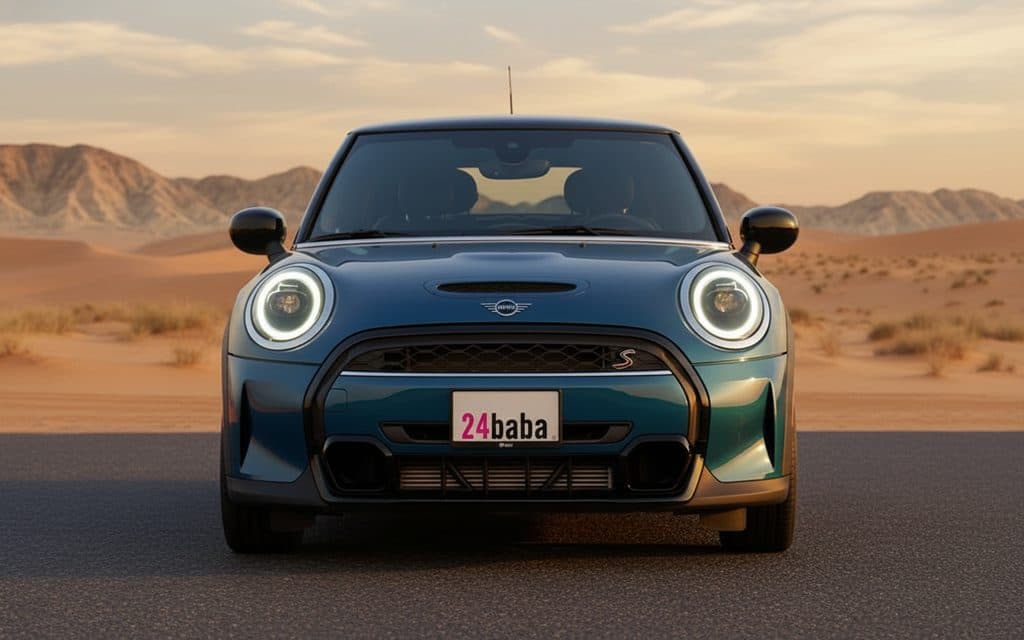 Mini Cooper 2025 Blue front view with headlights – rental in Dubai