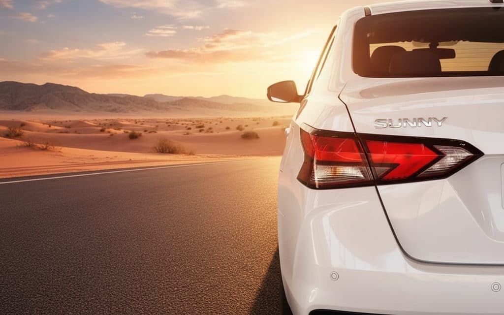 Nissan Sunny 2024 White rear view showing taillights – rental in Dubai