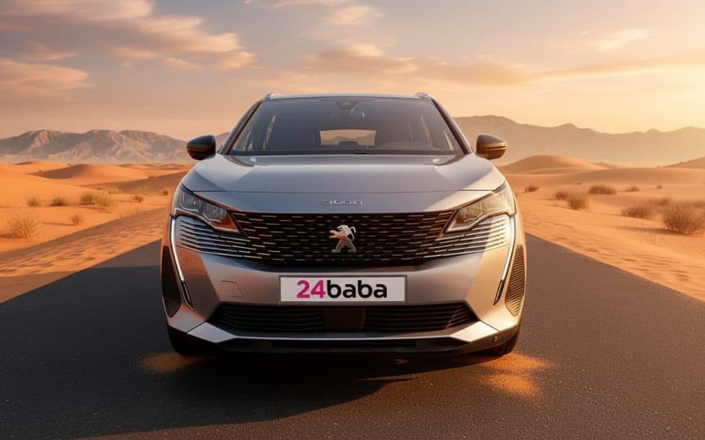 Peugeot 3008 2024 Silver front view with headlights – rental in Dubai