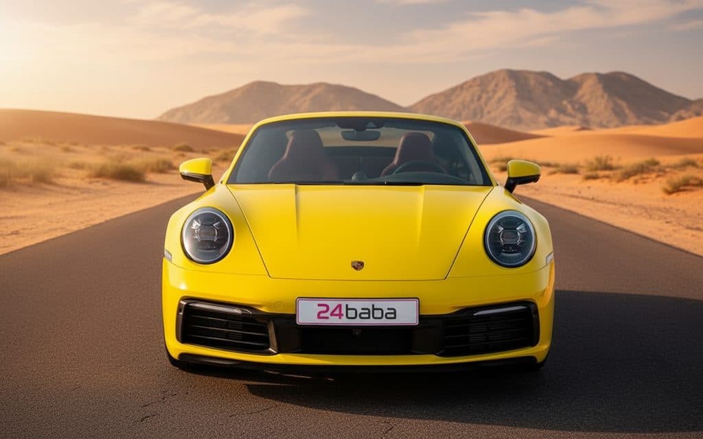 Porsche 911 2022 Yellow front view with headlights