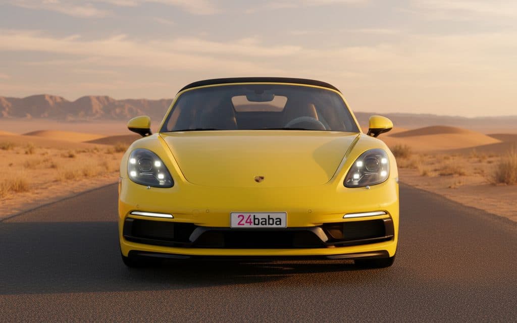 Porsche Boxster 2024 Yellow front view with headlights