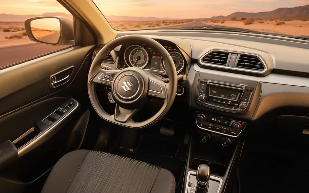 Suzuki Dzire 2024 interior view showing trim – rental in Dubai