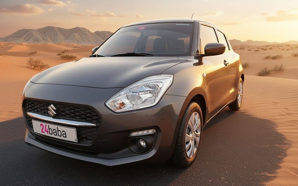 Suzuki Swift 2022 Grey front view with headlights – rental in Dubai