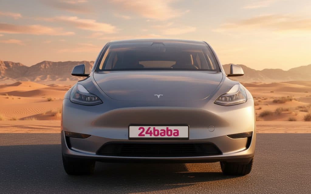 Tesla ModelY 2023 Grey front view with headlights – rental in Dubai