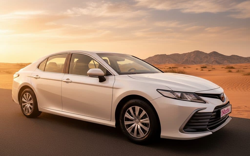 Toyota Camry 2023 White front view with headlights – rental in Dubai