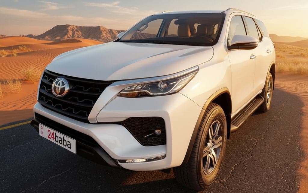 Toyota Fortuner 2023 White front view with headlights – rental in Dubai
