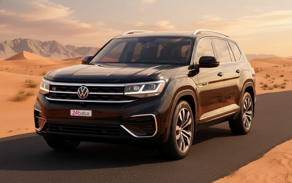Volkswagen Atlas 2023 Black front view with headlights – rental in Dubai