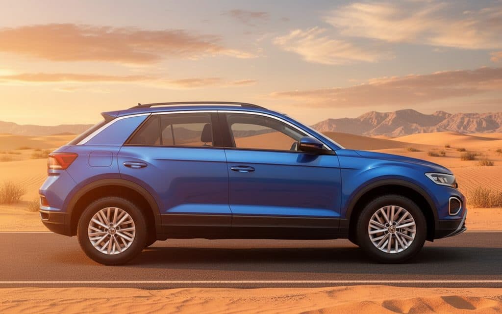 Volkswagen T Roc 2023 Blue side profile – rental in Dubai
